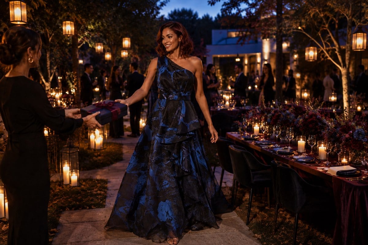 Floral ruffle gown autumn birthday celebration