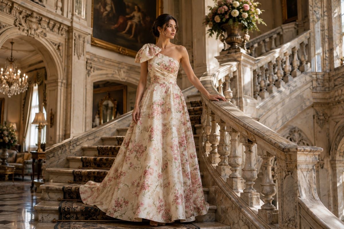 Floral one shoulder evening gown editorial