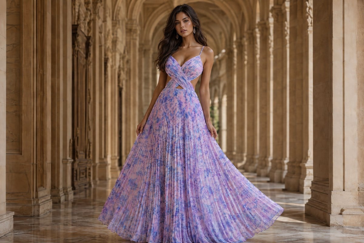 lavender floral pleated evening gown with flowing skirt