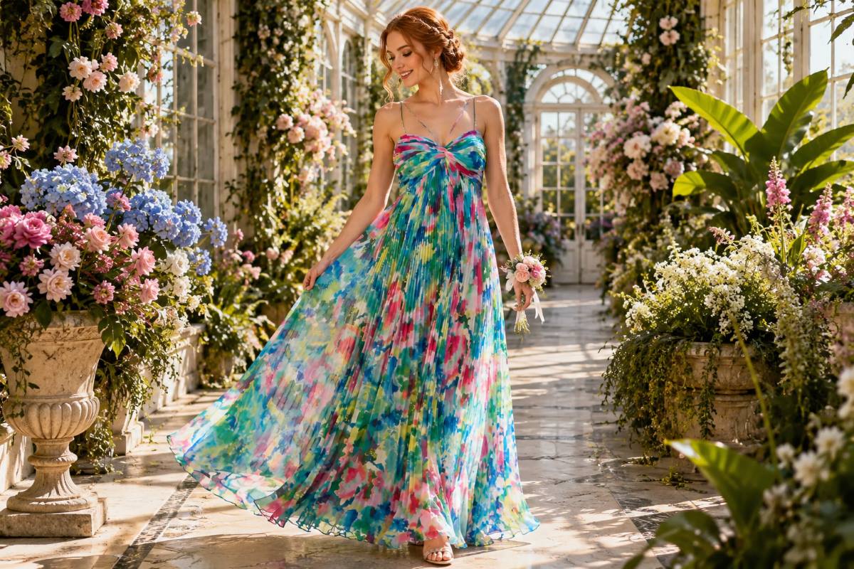 Floral print prom gown with matching corsage