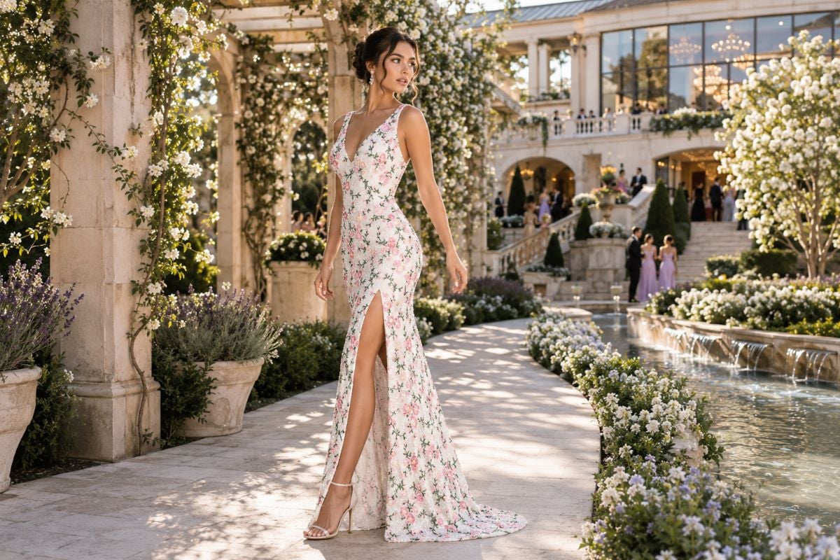 Floral prom gown with revealing side slit