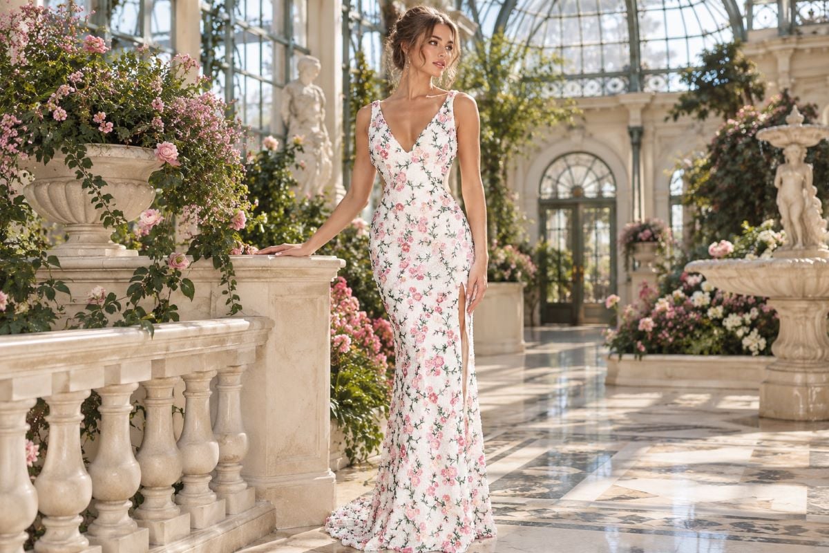 Floral prom gown editorial full body