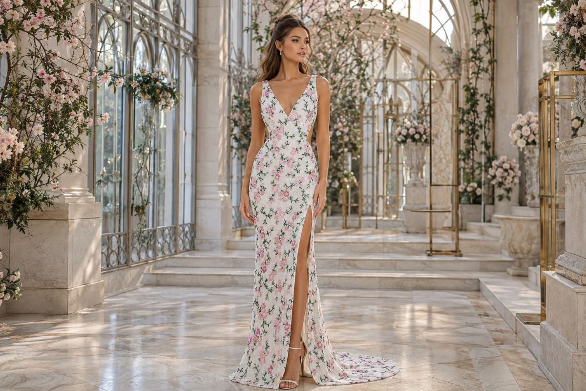 Floral prom gown half up hairstyle