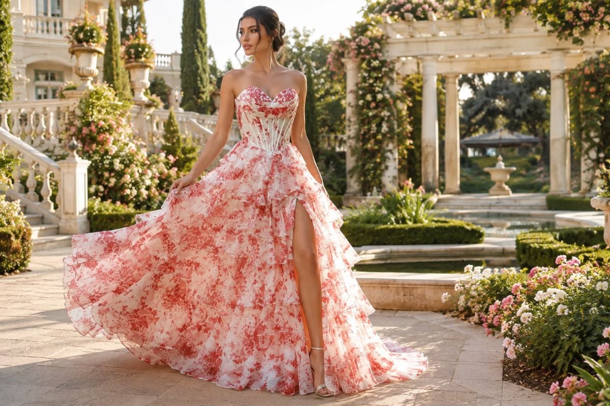 Floral strapless ball gown for prom