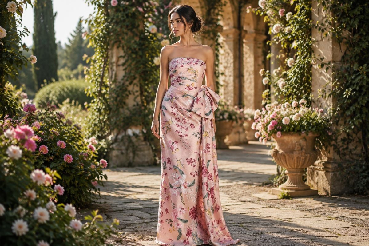 floral strapless jacquard gown editorial garden