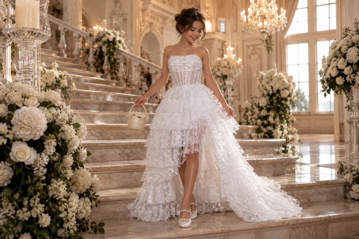 Elegant flower girl wedding dress editorial