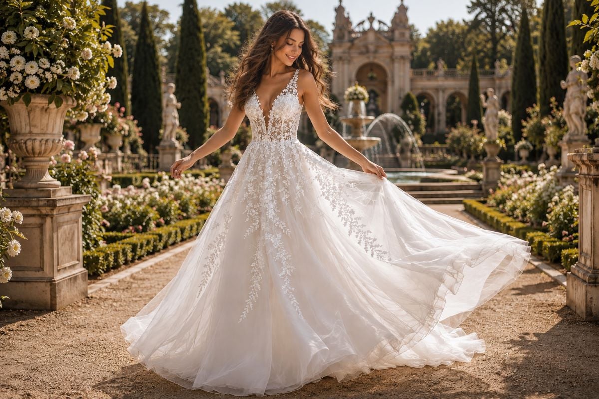 Flowing A-line bridal gown movement