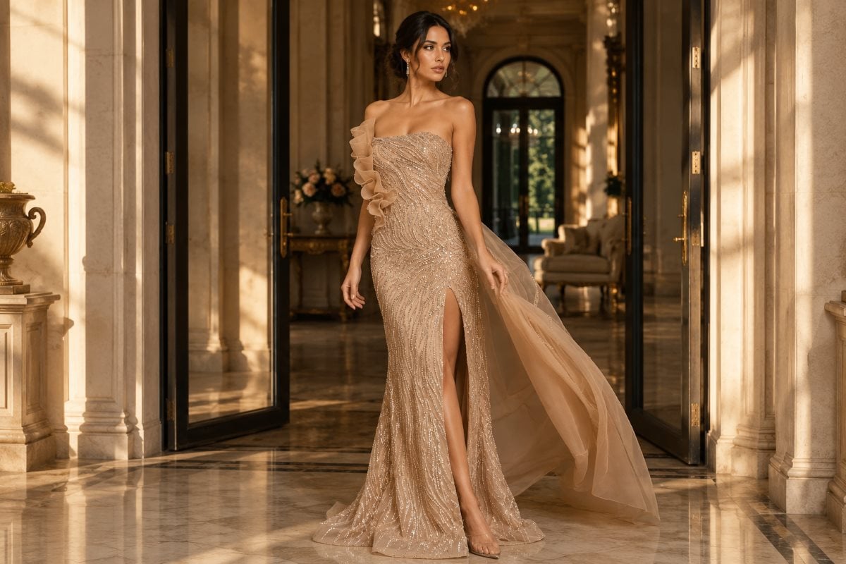 Convertible chiffon gown with flowing detachable train