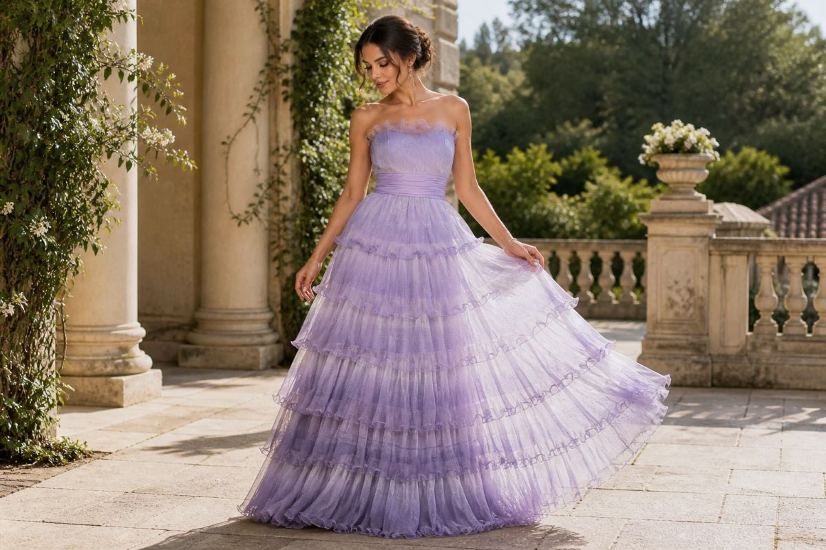Flowing layered tulle mother of the bride gown with soft movement