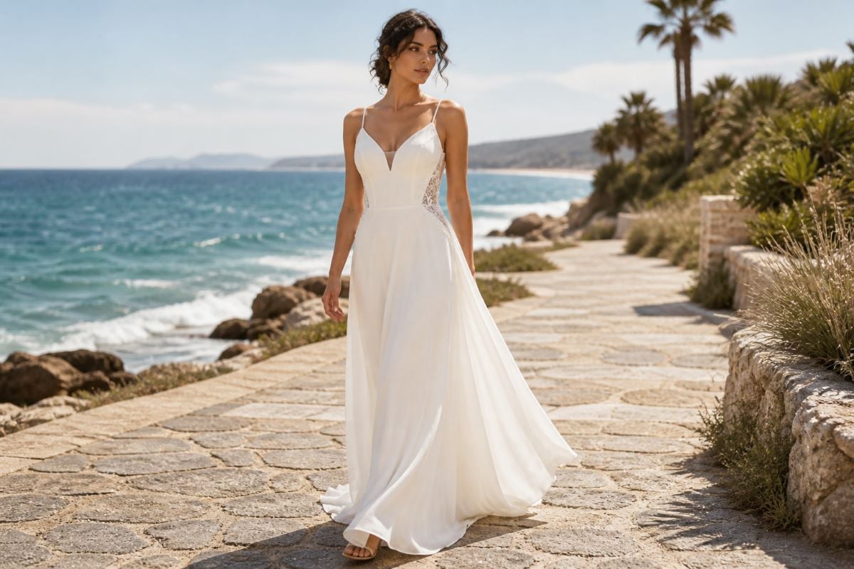 Flowy A-line gown with deep V neckline for beach wedding guest style