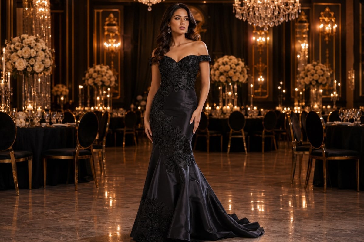 Modern minimalist black evening gown for luxury formal event