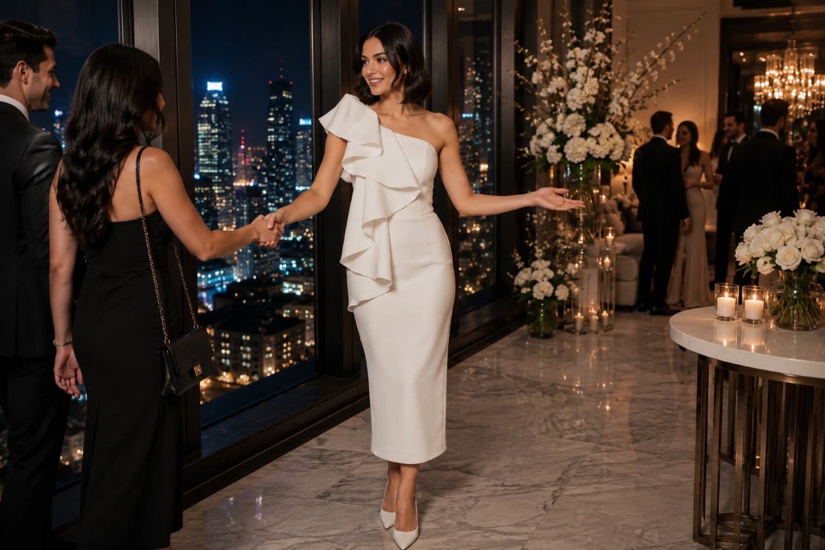 Bride-to-be in a white one-shoulder ruffle midi dress