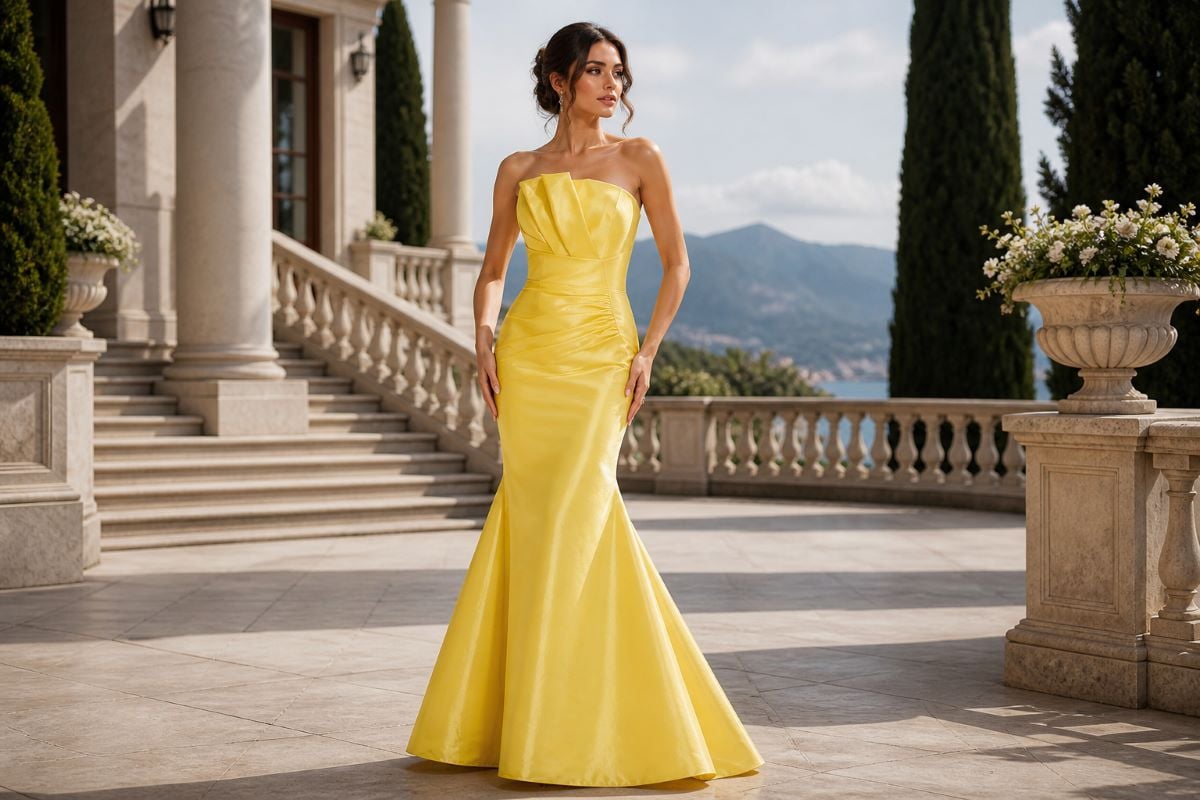Strapless structured mermaid gown in formal estate setting