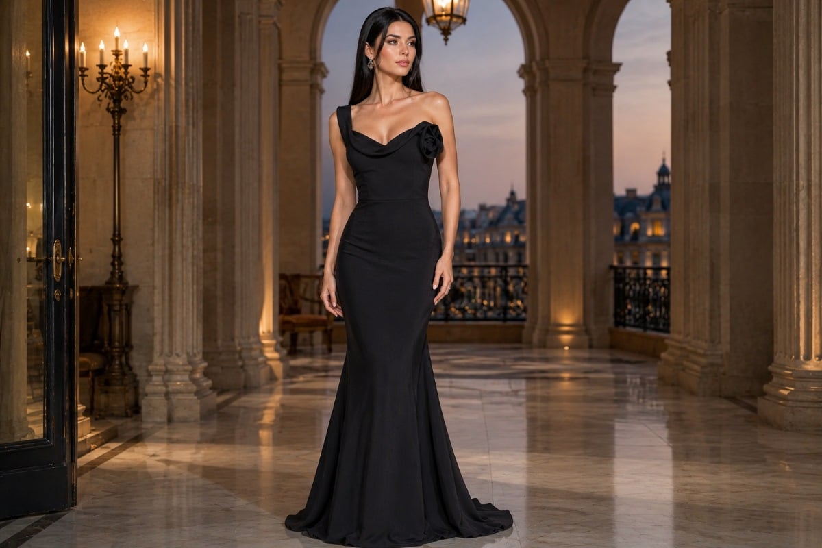 Luxury fitted black evening gown in couture mansion