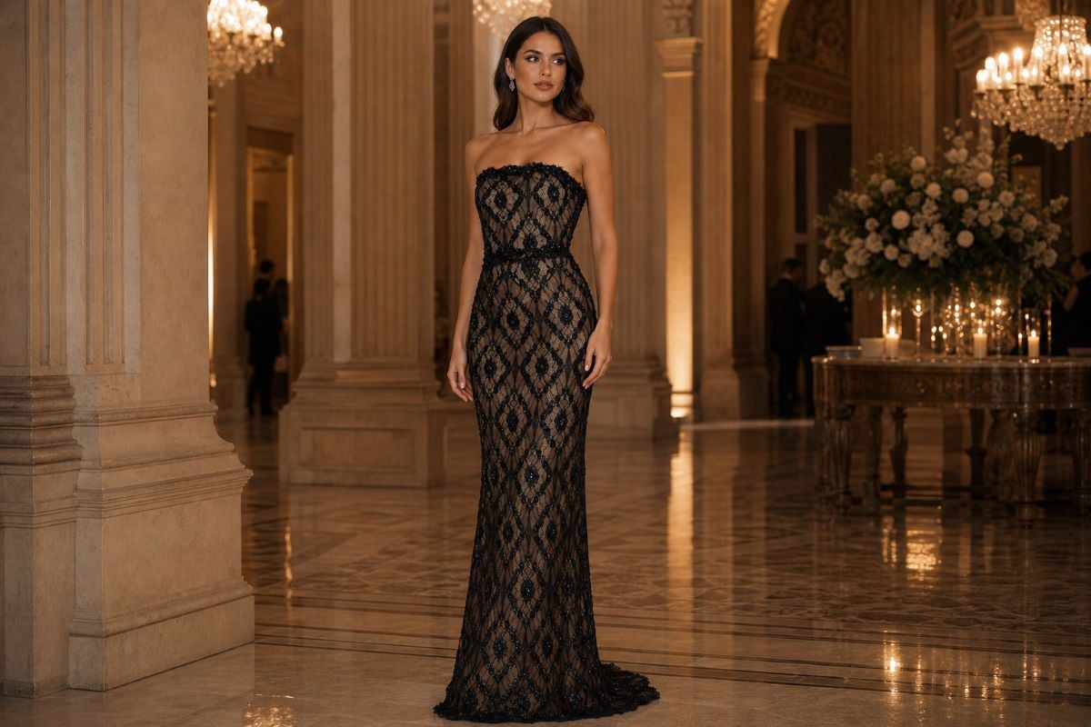 Formal evening gown with lace overlay in a grand event setting
