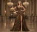 Brown and gold embellished formal evening gown with slit