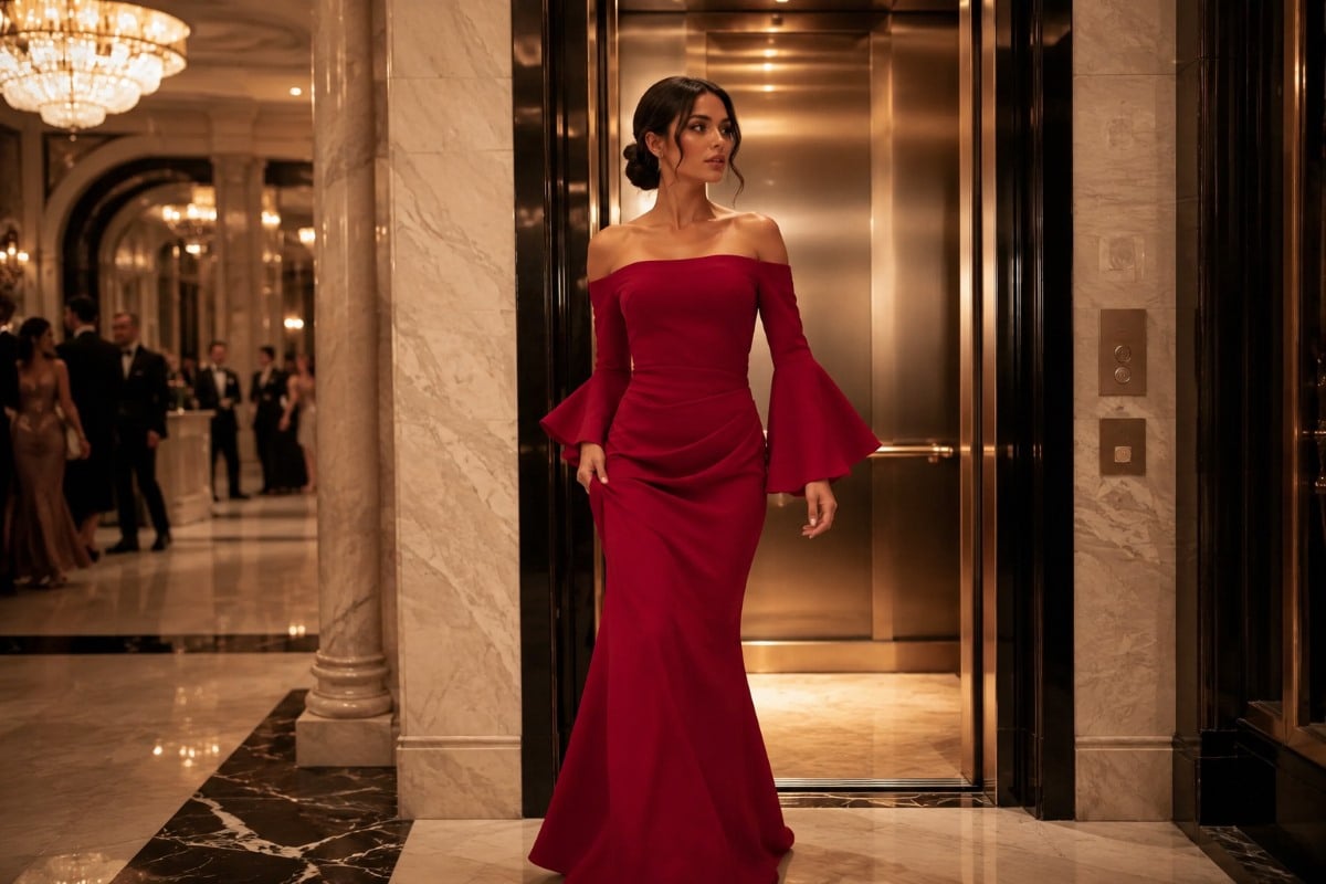 Elegant woman entering luxury gala wearing red gown