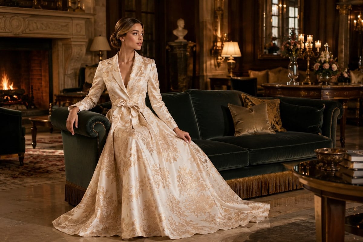 Woman seated elegantly in jacquard evening gown