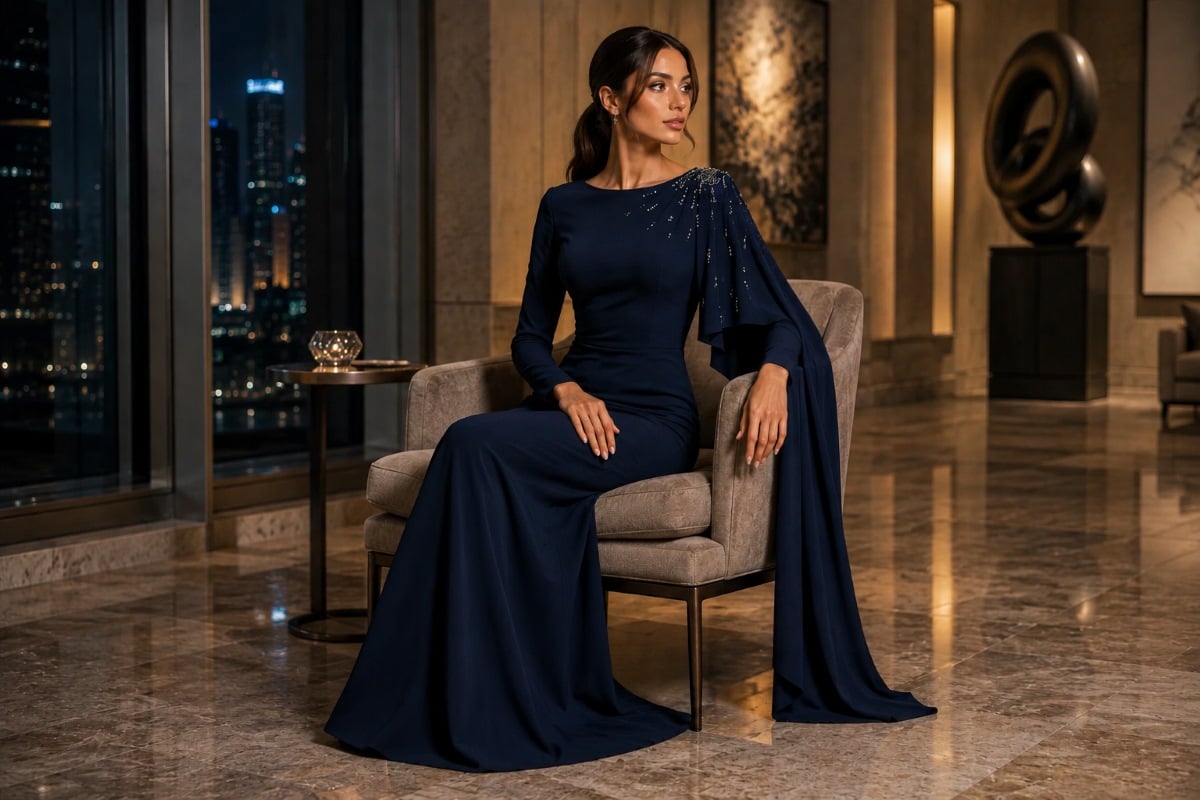 Woman demonstrating elegant seated posture in gown