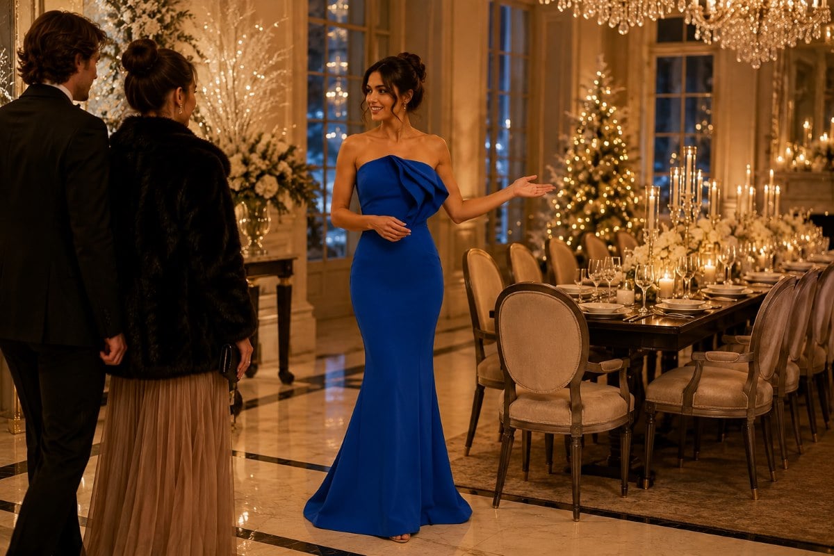 Holiday hostess guiding guests to dinner