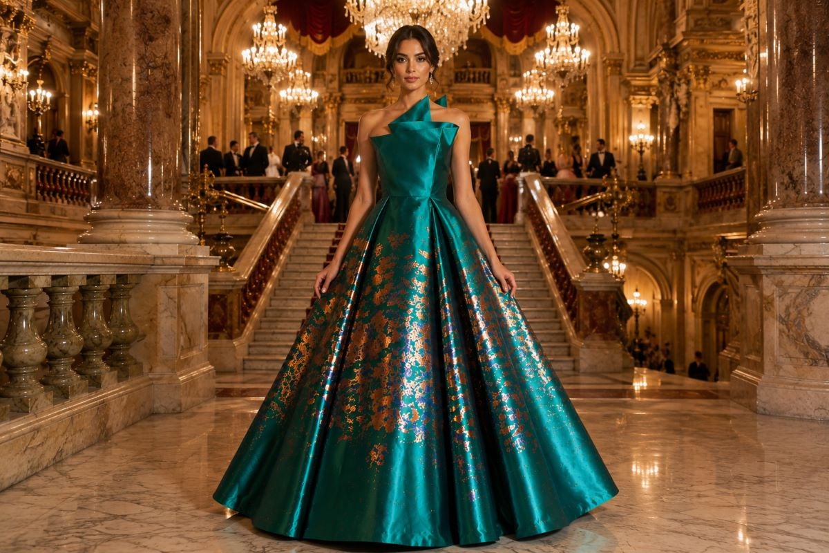 Formal opera gala gown in luxury foyer