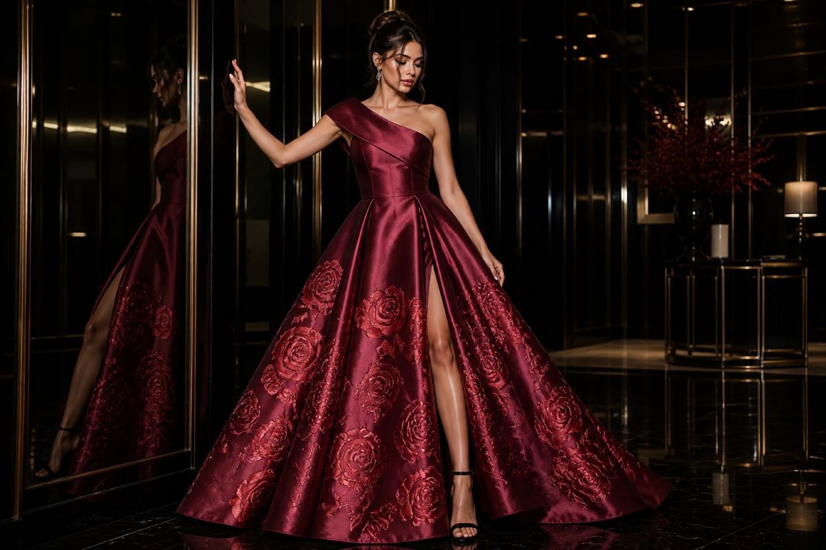 one shoulder satin gown with floral jacquard