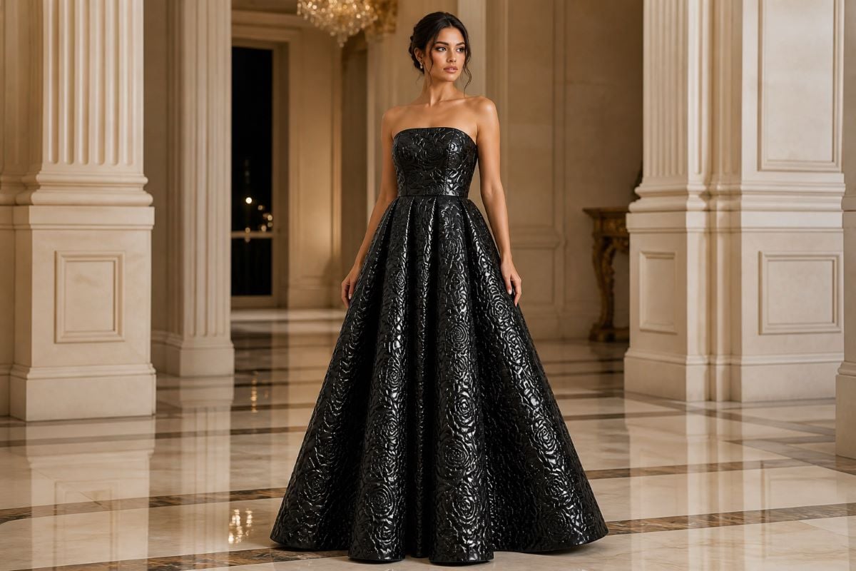 Strapless structured gown with embossed floral fabric and full skirt