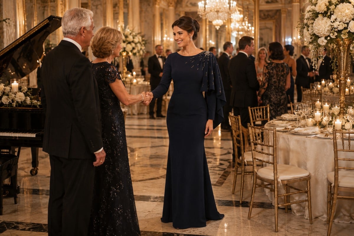 Navy formal gown at vow renewal gala