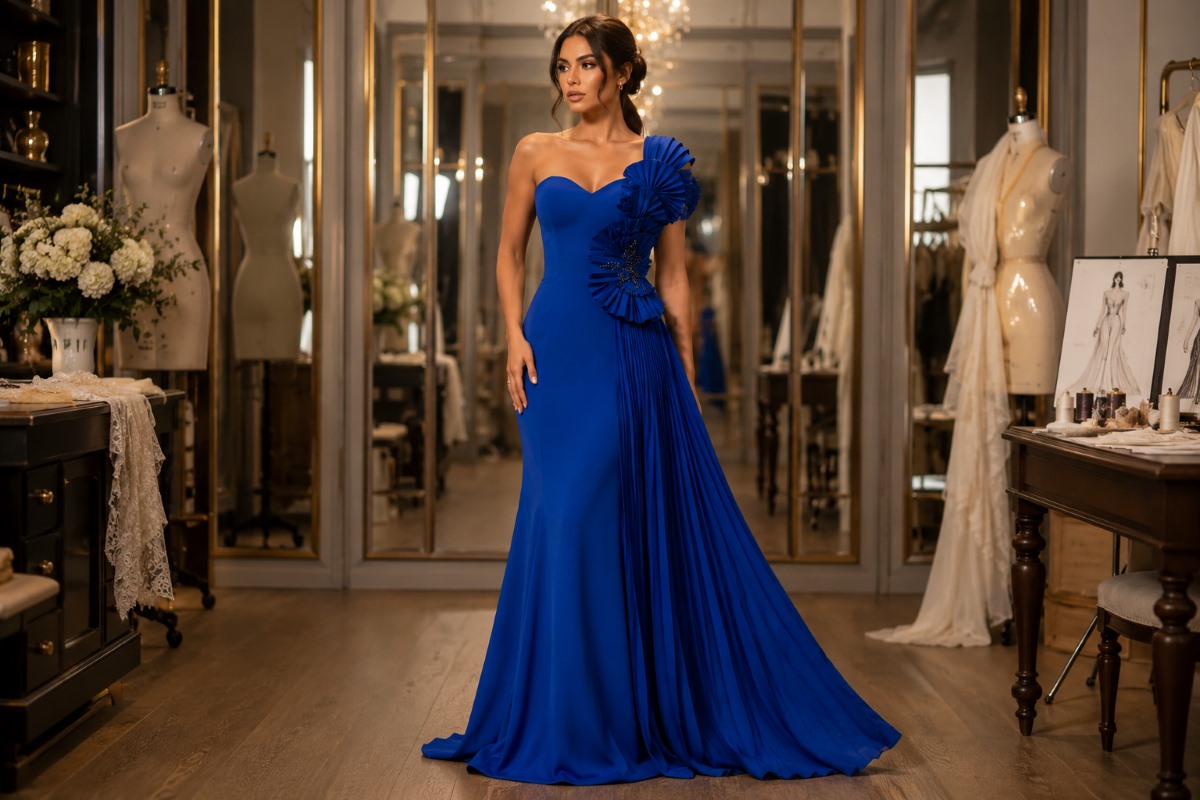 Brunette model in sculptural blue gown inside couture atelier