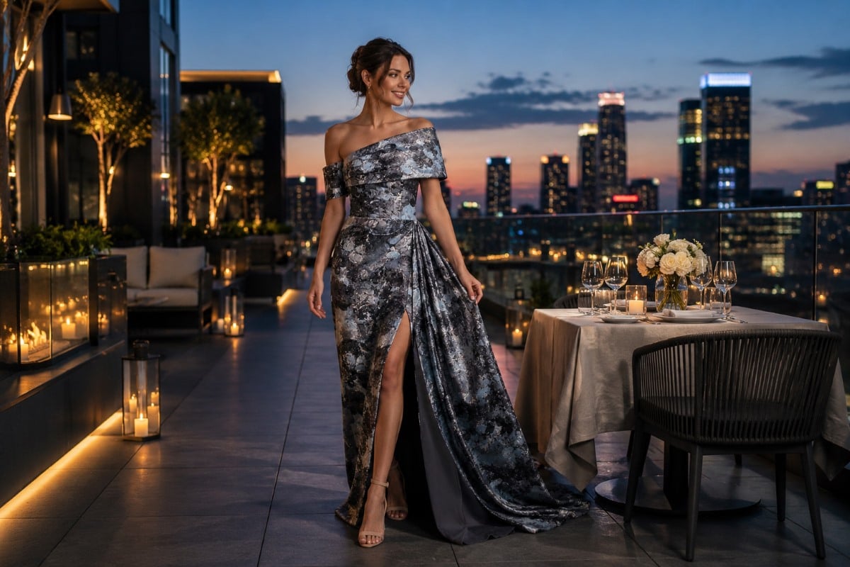 Modern asymmetrical gown rooftop anniversary dinner