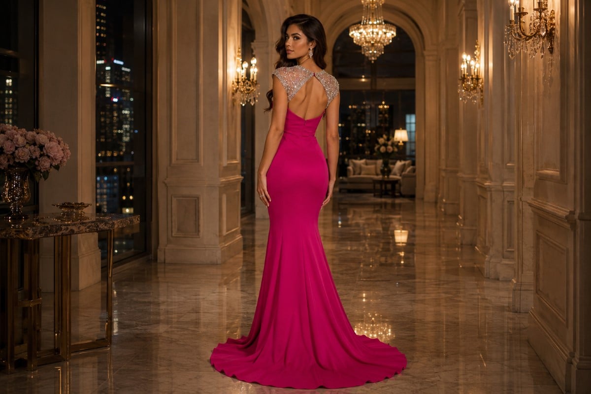 Woman wearing fuchsia backless mermaid evening gown