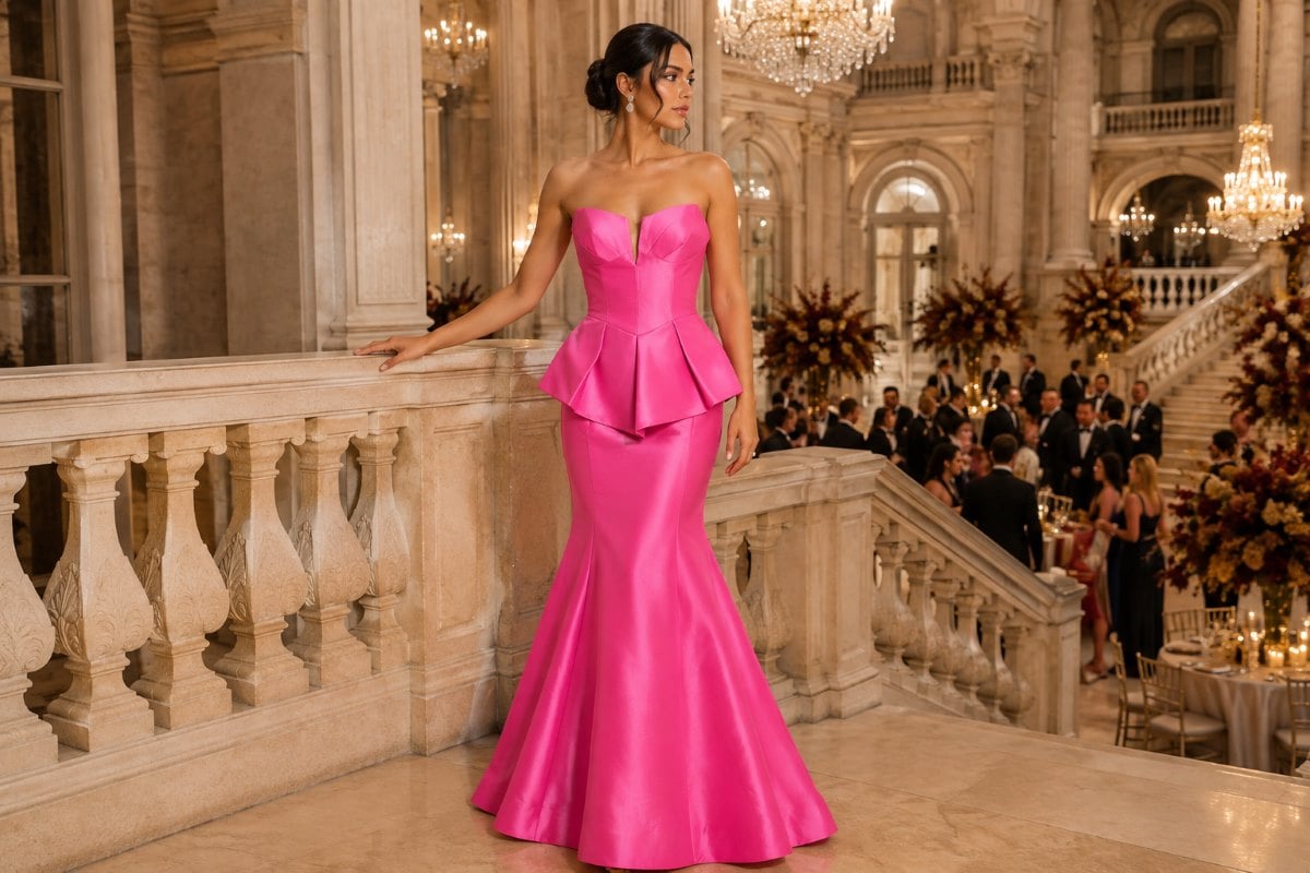 Fuchsia black tie wedding guest gown