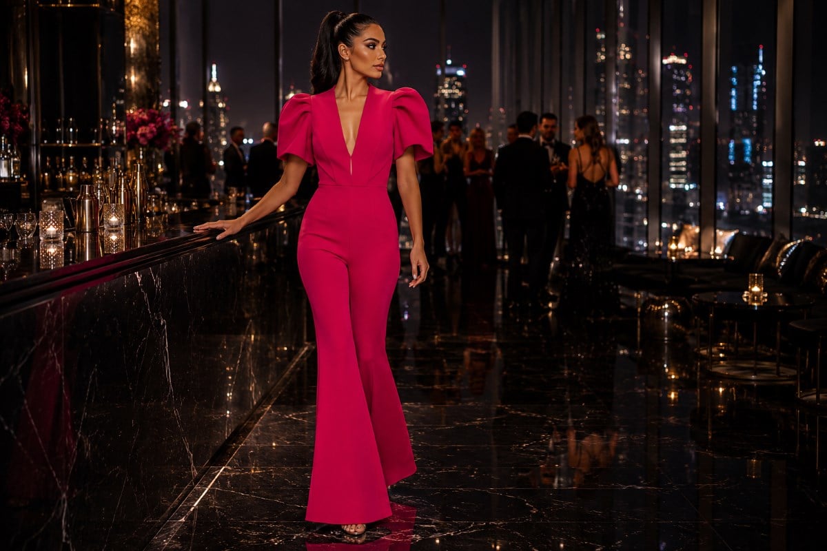 Fuchsia contemporary wedding guest tailored jumpsuit