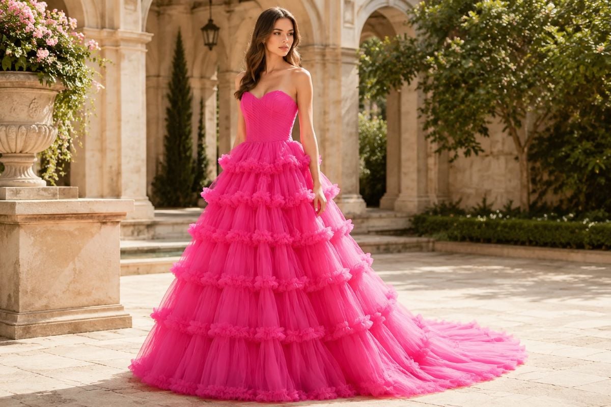 Fuchsia strapless corset prom gown