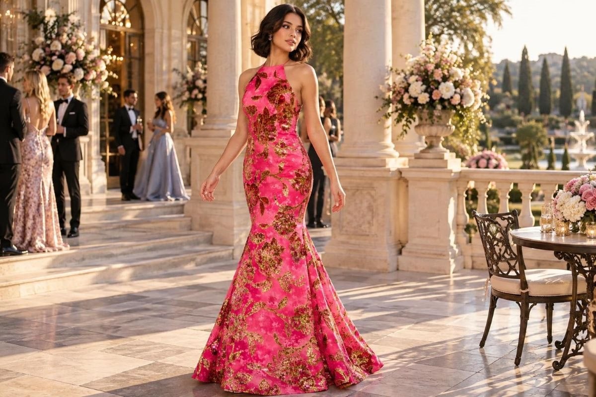 Fuchsia embellished mermaid prom dress silhouette