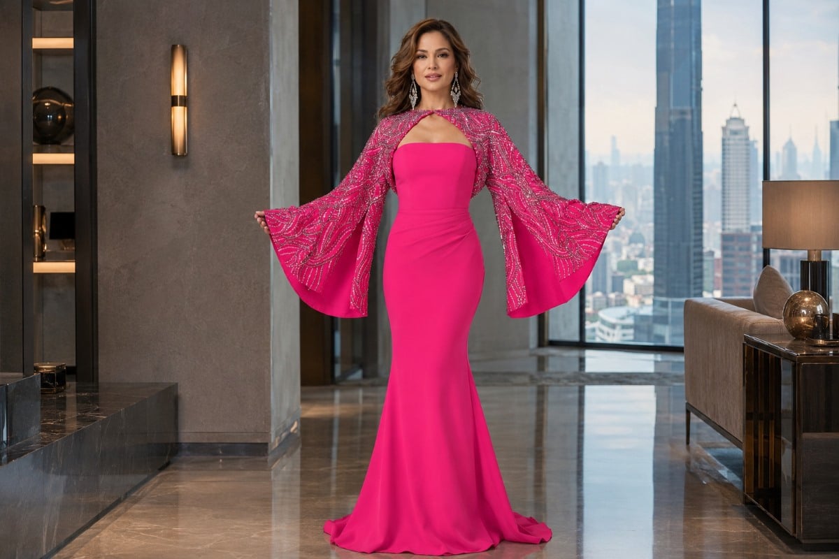 Fuchsia cape sleeve gown for a 40th birthday look