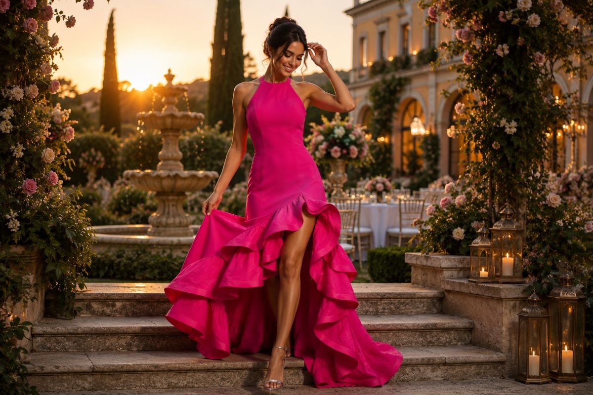 Fuchsia halter high-low wedding guest dress