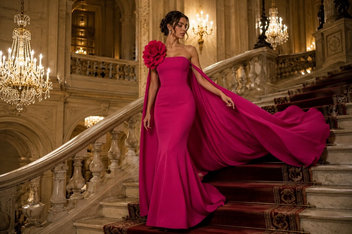 Woman in fuchsia mermaid gown with dramatic cape