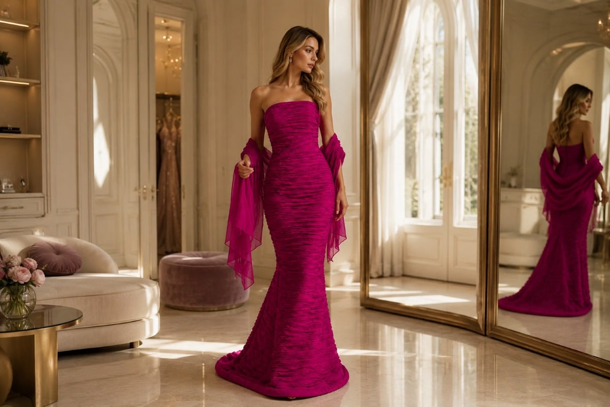 Fuchsia mermaid evening gown in luxury dressing suite