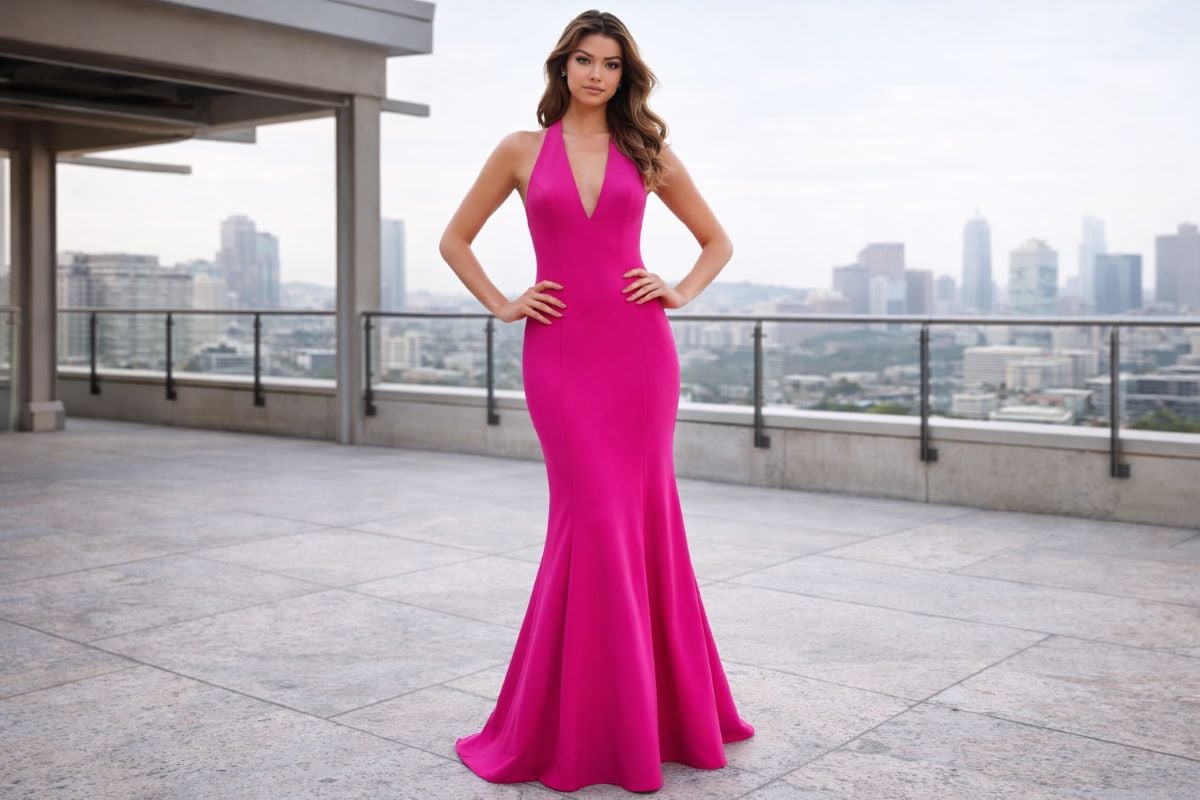 fuchsia mermaid prom dress halter neckline full body