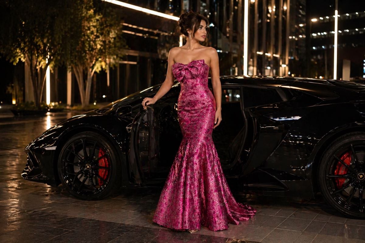 fuchsia strapless mermaid prom dress exiting sports car at night