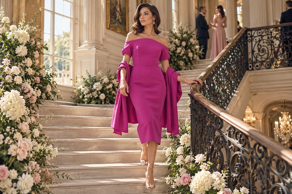 Fuchsia midi wedding guest dress tall women