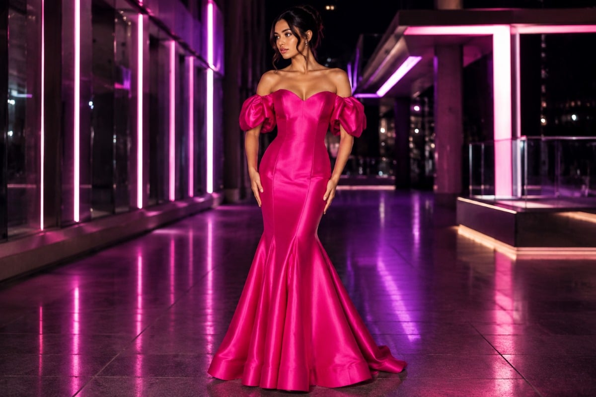 hot pink mermaid gown neon editorial fashion
