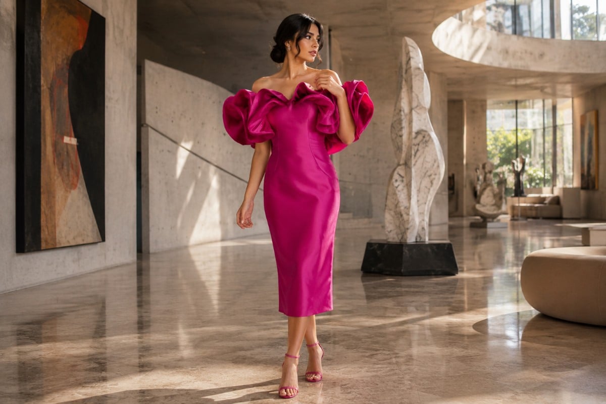 Fuchsia off shoulder sculptural cocktail dress