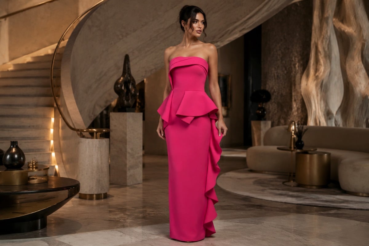 Elegant fuchsia peplum gown editorial look