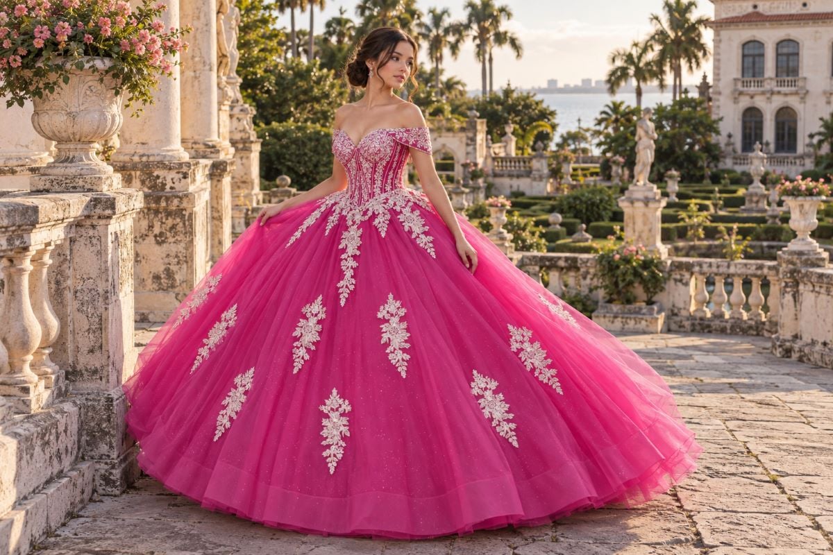 Fuchsia quinceanera gown at Vizcaya gardens