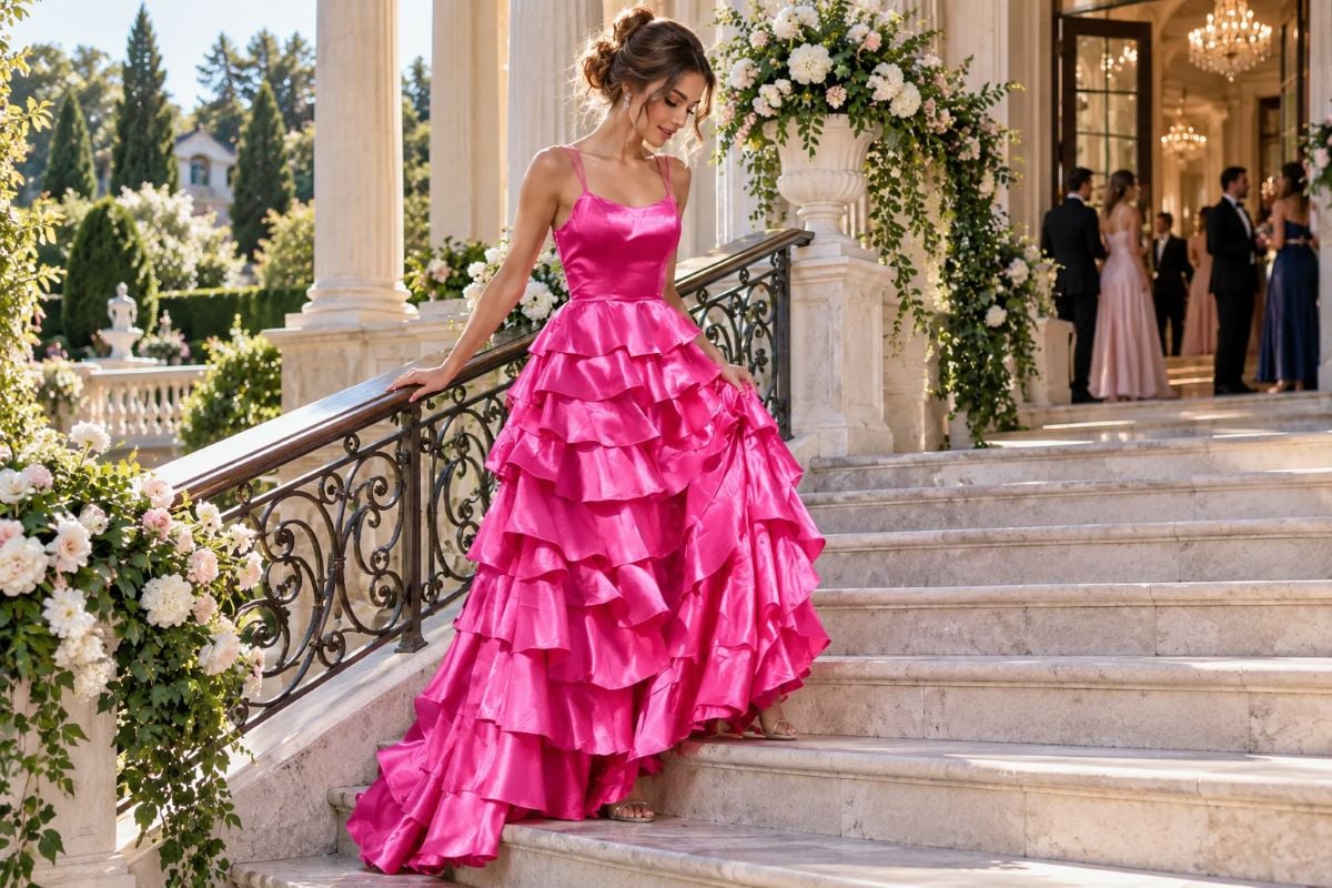 Fuchsia ruffle prom gown climbing stairs
