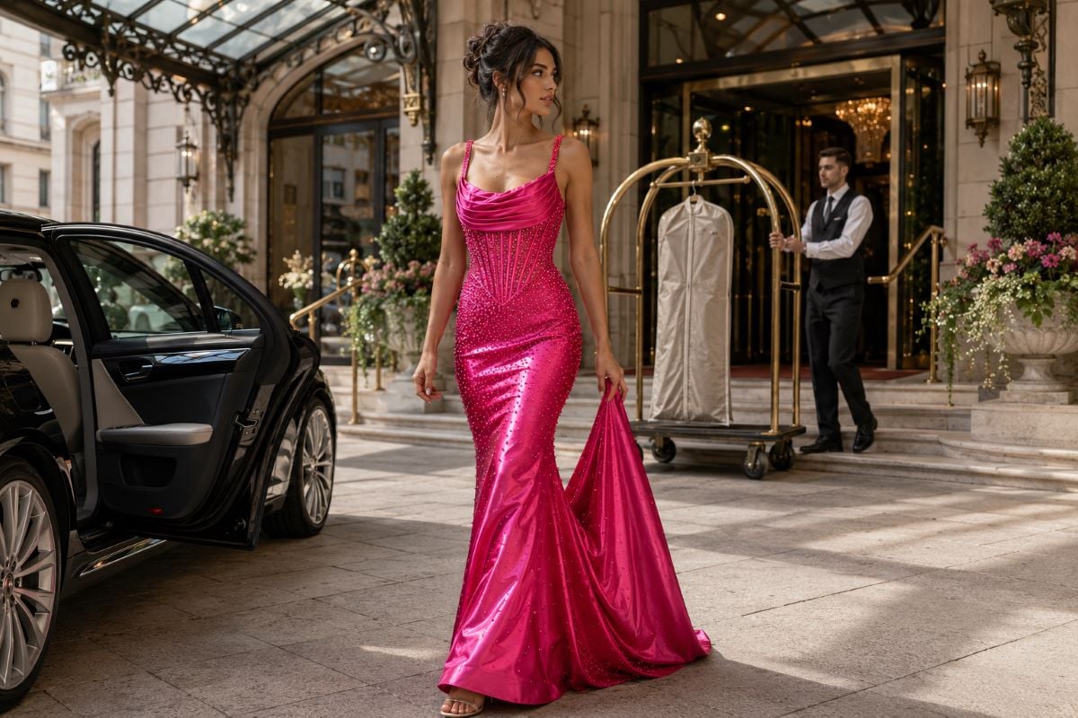 Fuchsia satin gown luxury hotel arrival