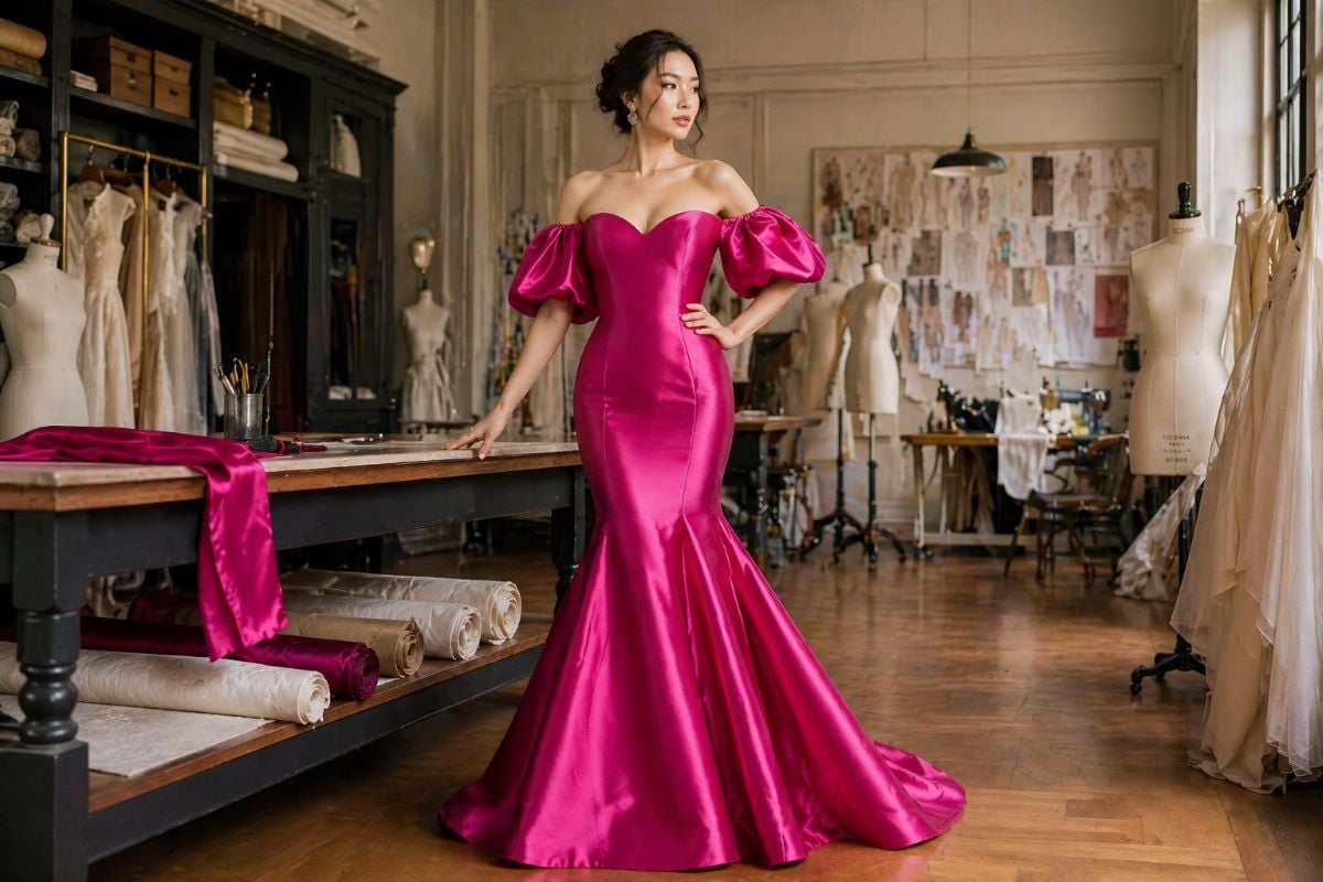 Fuchsia satin mermaid evening gown off shoulder