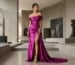 Fuchsia satin off-shoulder evening gown with high slit